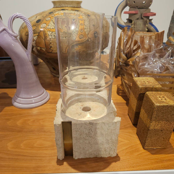 Pair of Vtg Travertine & Brass Hurricane Candle Holders